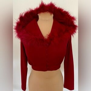 Vintage 70s Hooded Evening Jacket *Medium* BURGUNDY Boho Hippe Feather Bolero